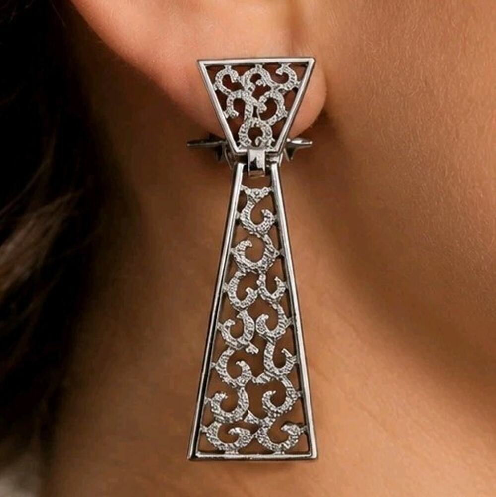 Vintage Crown Trifari Dangle 1960s Clip Earrings Brushed Silvertone Swirls
